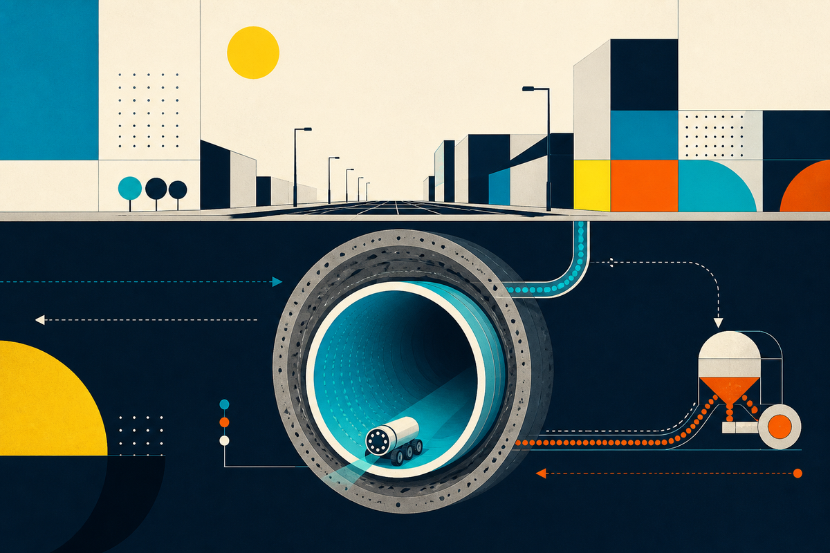 Abstract Swiss-style cutaway showing a lined underground pipe, inspection robot and city grid
