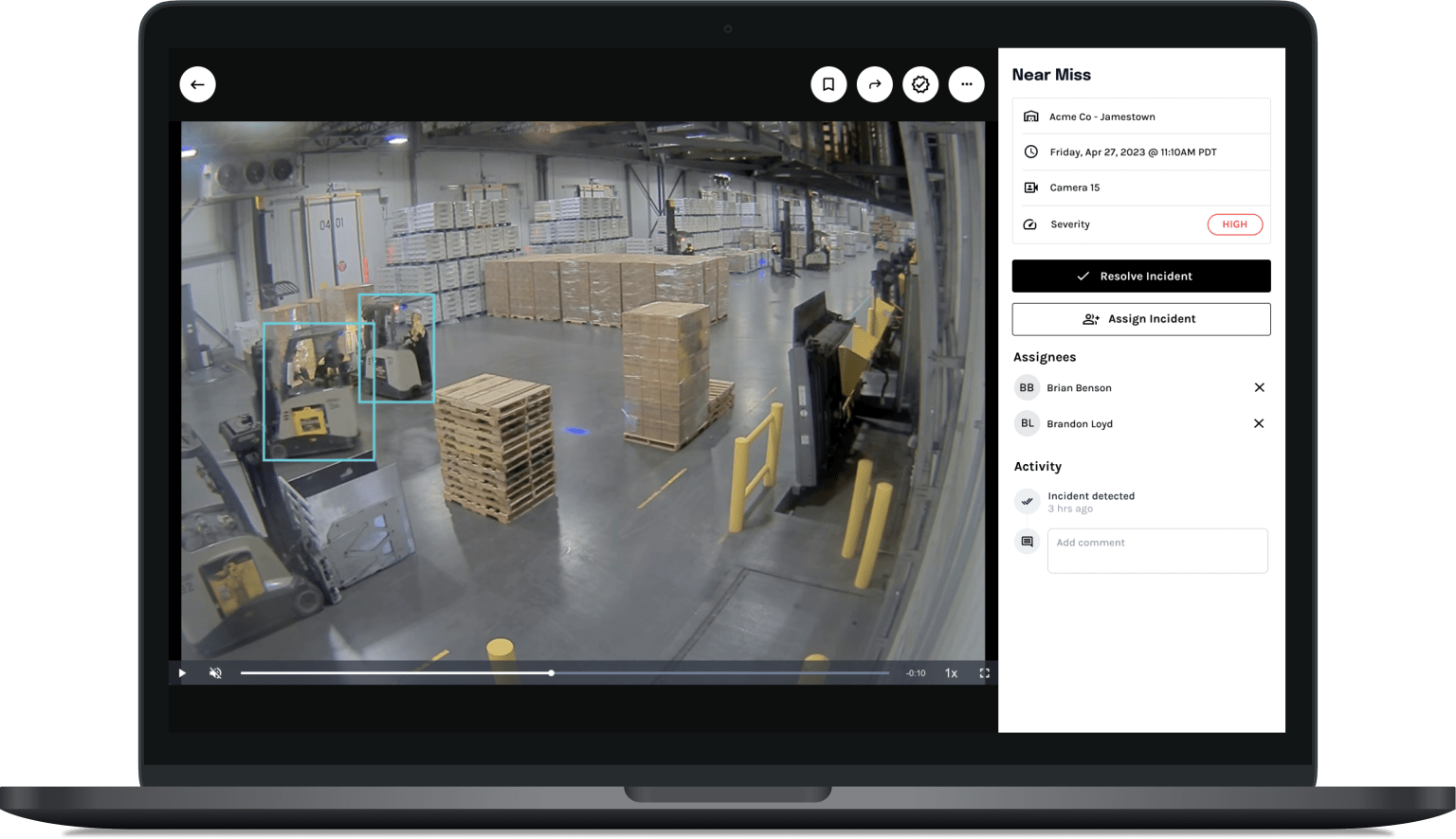 Laptop displaying Voxel's computer-vision safety platform with an industrial near-miss clip