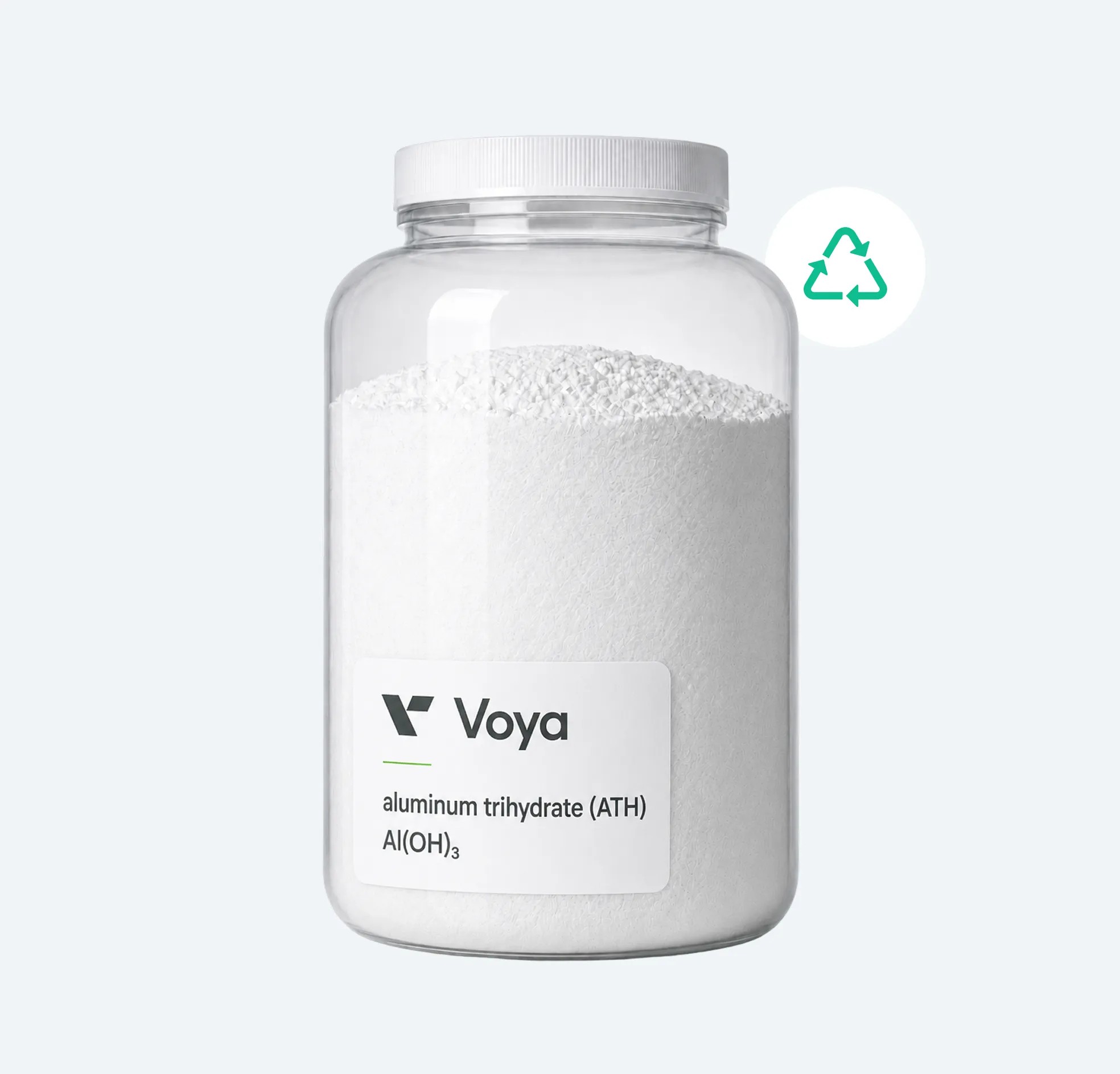 A jar of Voya Energy aluminum trihydrate byproduct