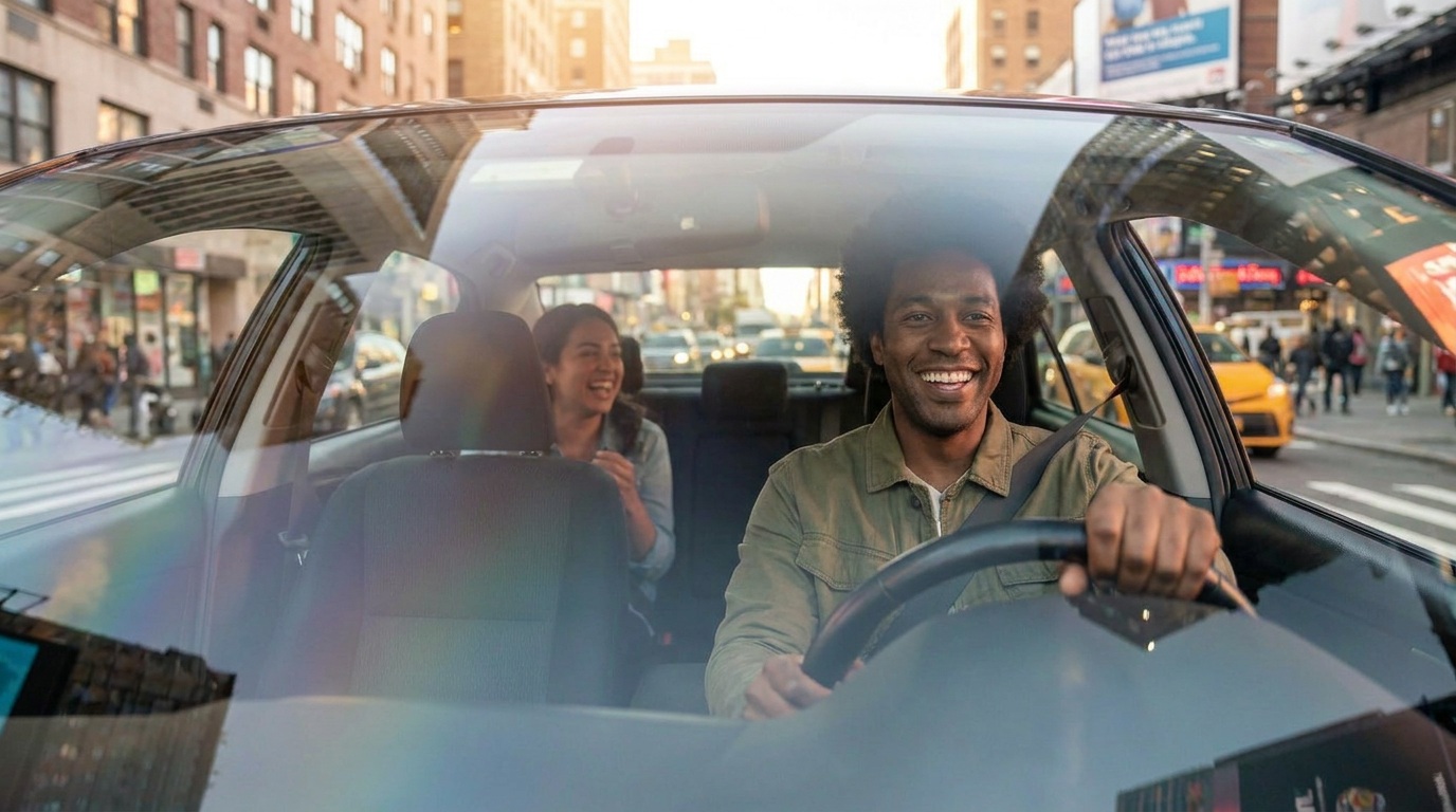 Buggy marketing photograph showing a smiling driver and passenger in a city car