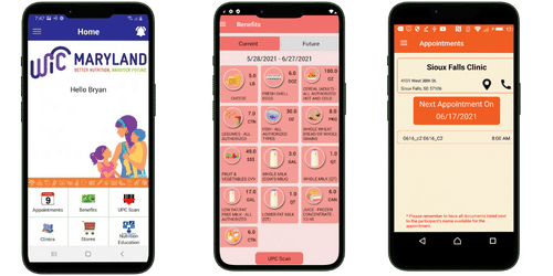 Voyatek WIC mobile app examples showing home, benefits and appointment screens