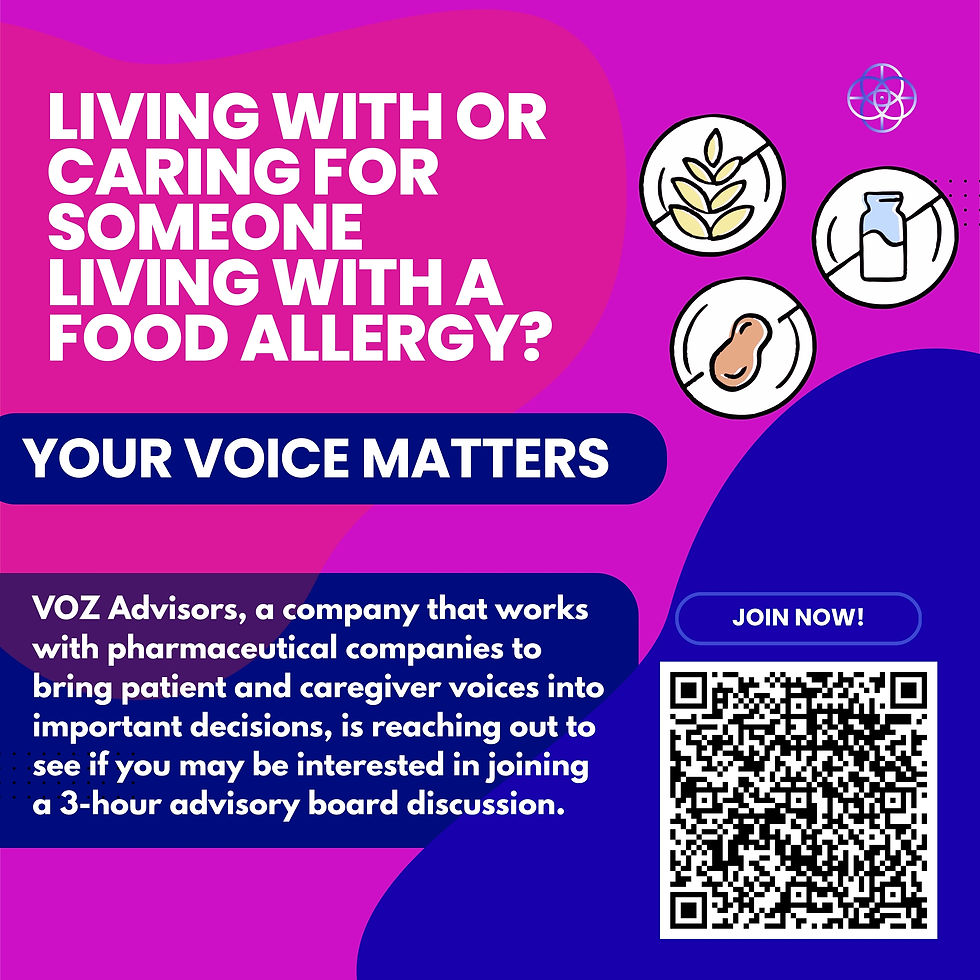 Colorful patient recruitment notice asking people living with food allergy to join an advisory-board discussion
