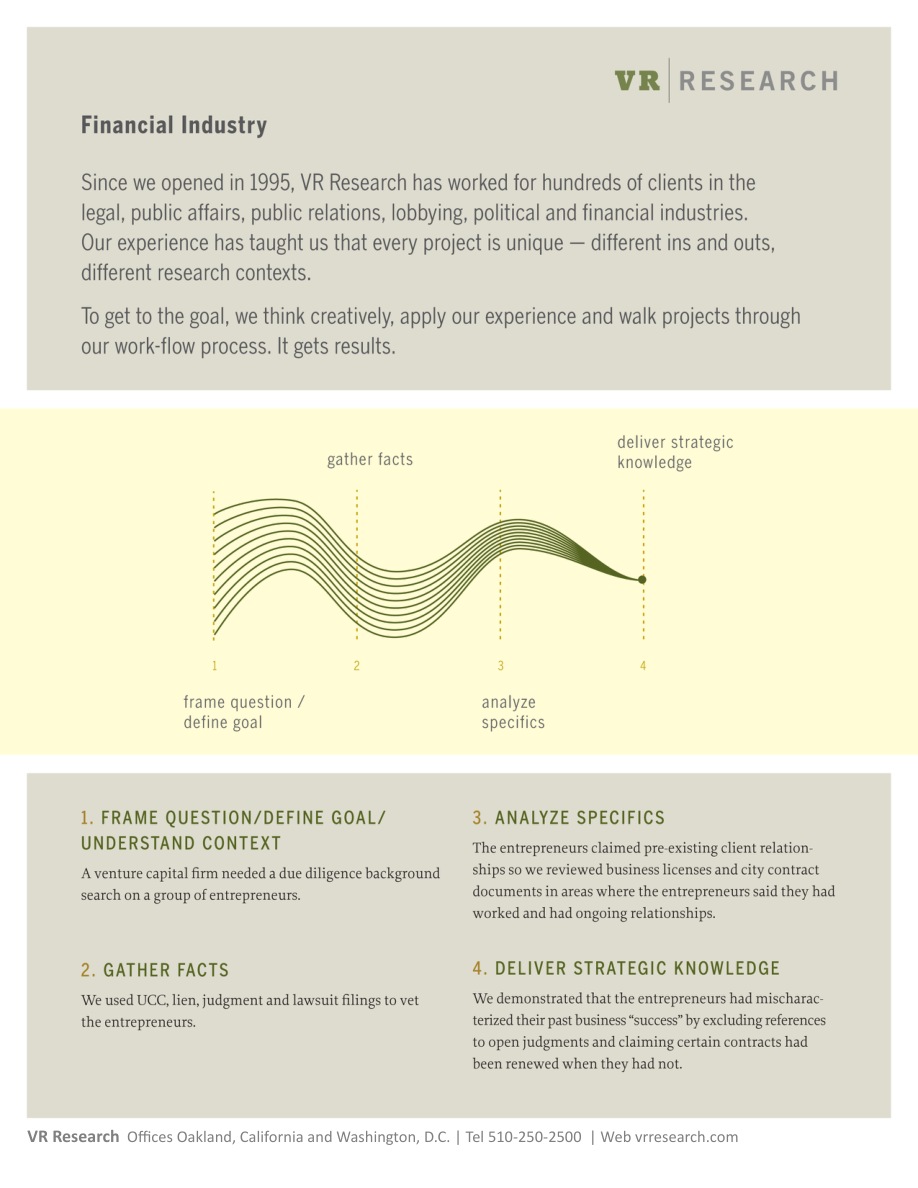 VR Research’s financial-industry case-study sheet, showing four research stages and an anonymized entrepreneur-vetting example