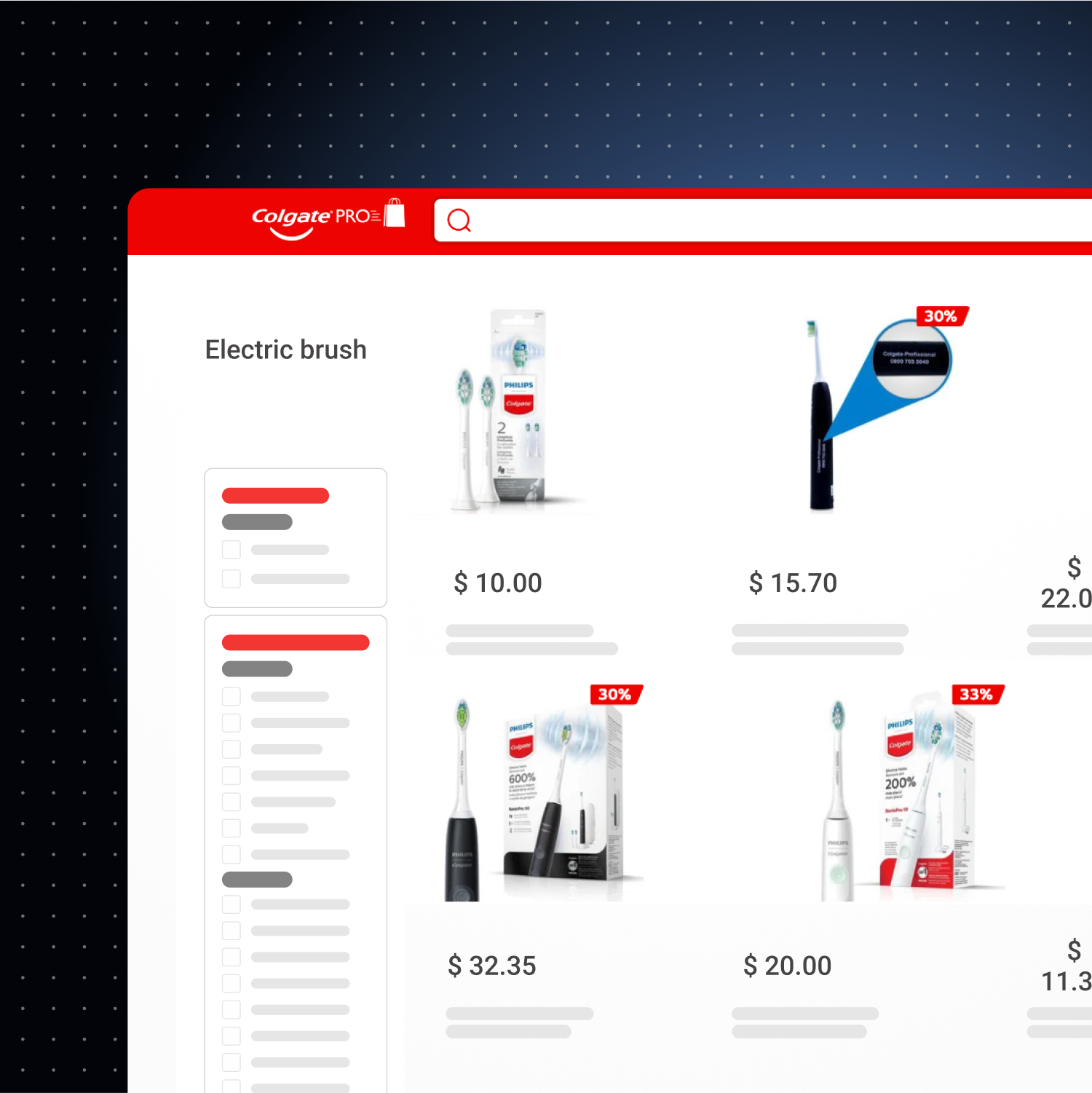 VTEX’s illustrative Colgate Pro marketplace screen showing oral-care products