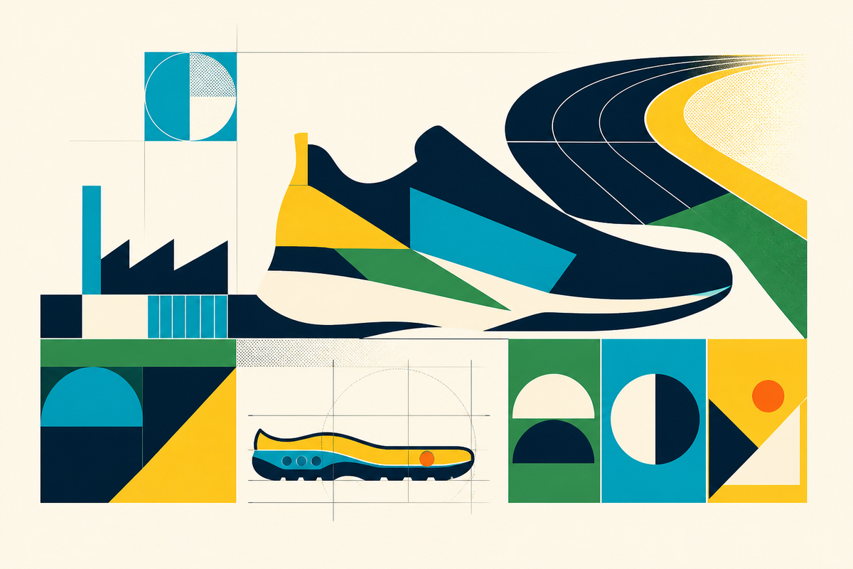Abstract Swiss-style illustration of an athletic shoe, running track, factory and technical design grid