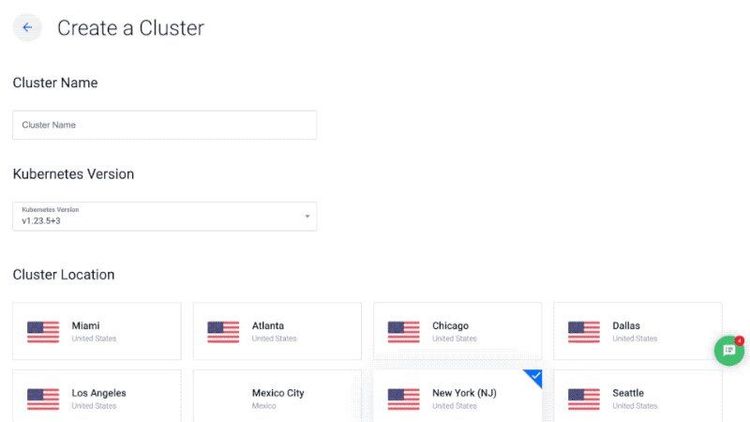 Historical Vultr Kubernetes cluster creation screen with name, version and location choices