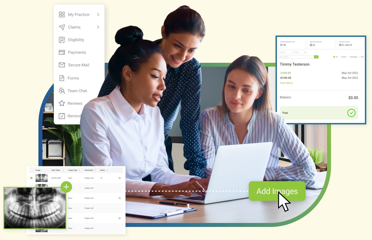 Vyne Trellis marketing illustration combining dental office staff with claims, images and payments screens