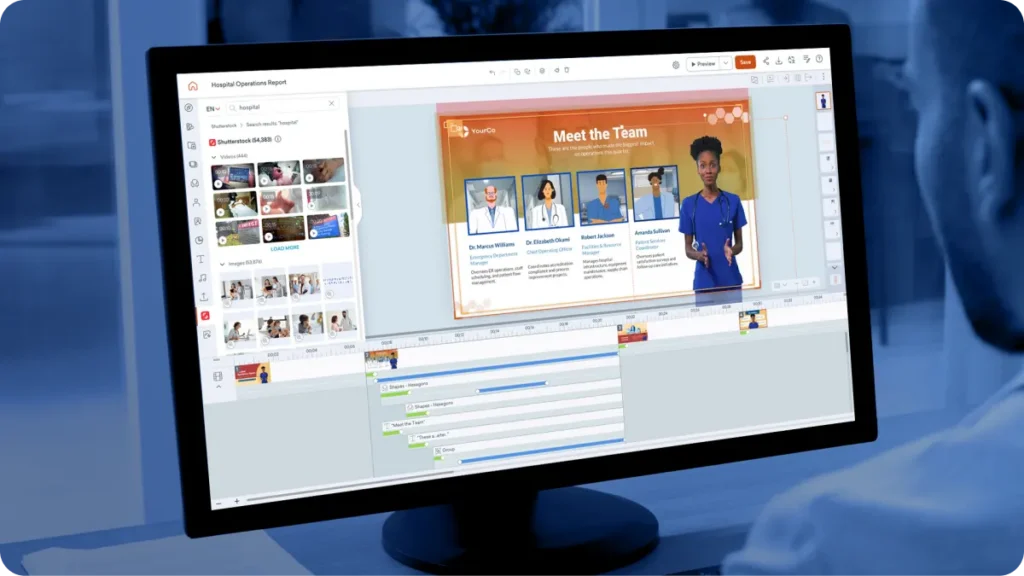 Vyond Studio promotional view showing a mixed-media healthcare presentation in the editor