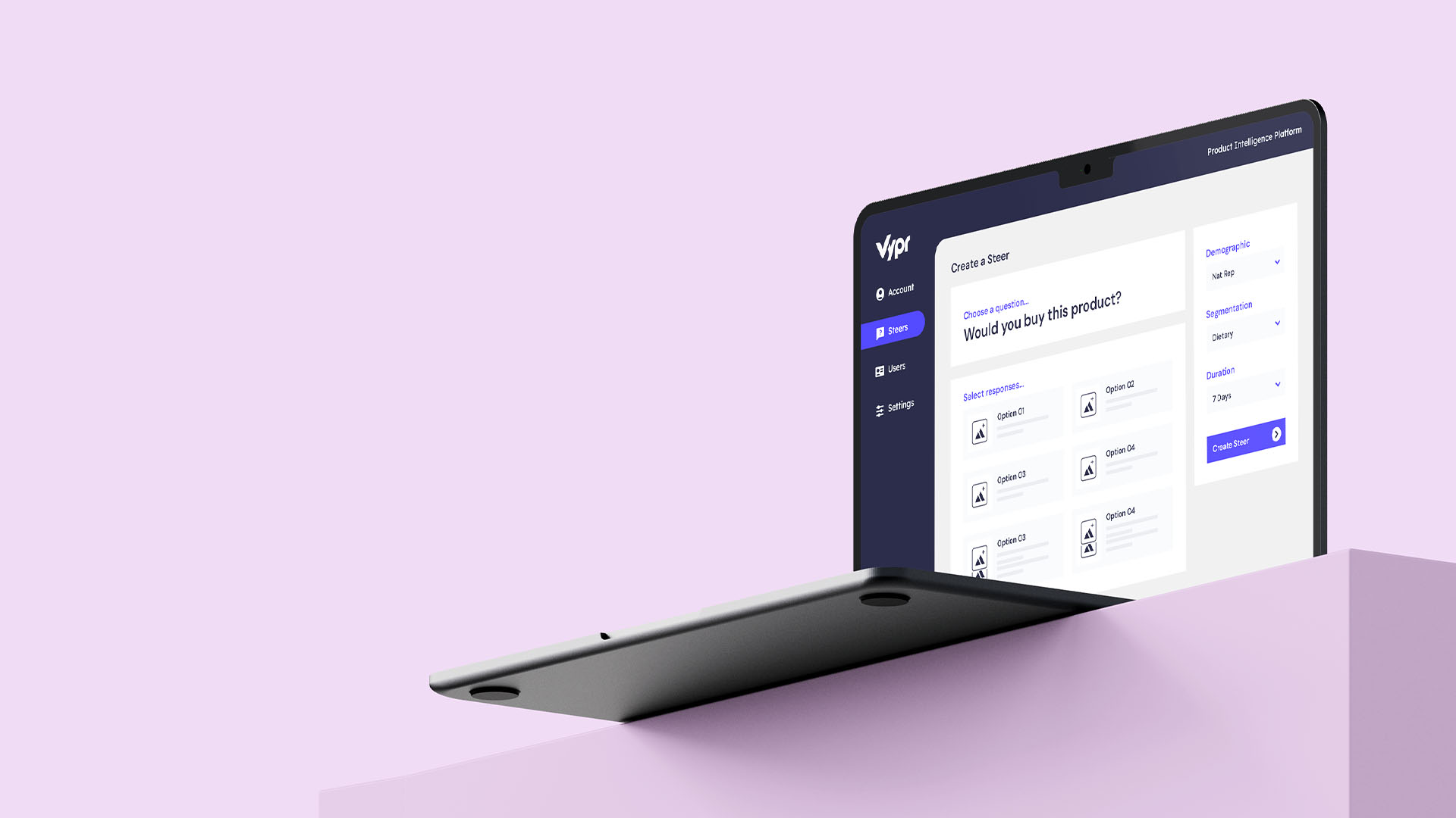 Vypr promotional mockup showing a product question and audience selection on a laptop