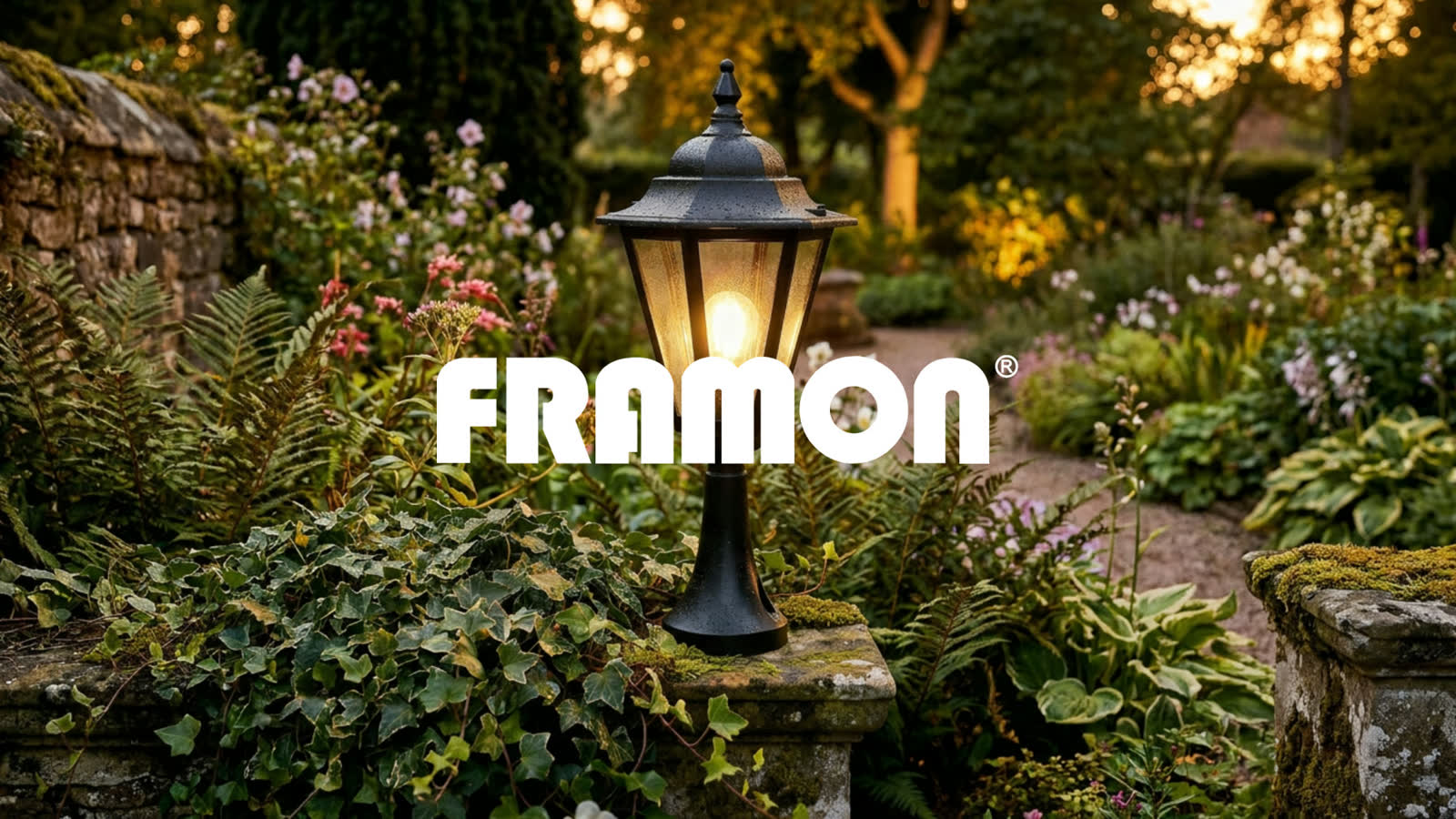 Framon branded case-study visual featuring a glowing outdoor lantern in a garden
