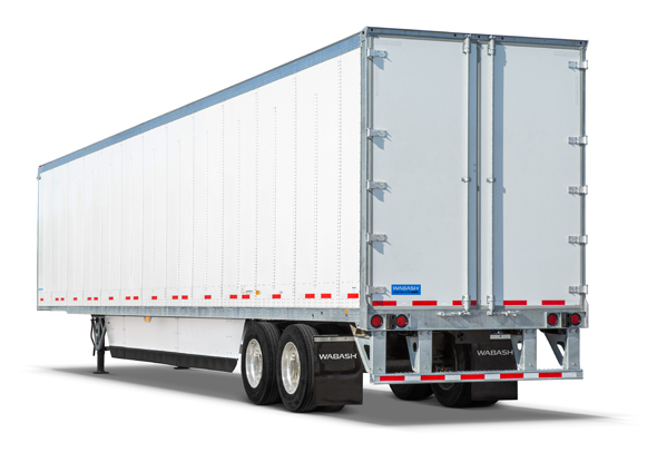 Rear three-quarter view of a white Wabash DuraPlate dry van trailer