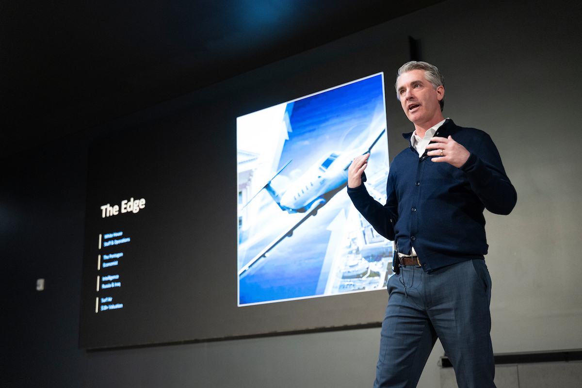 Wade Eyerly speaking to students on stage at Utah Valley University in February 2026