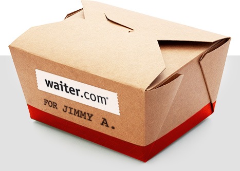 Waiter.com cardboard meal box with a label reading For Jimmy A.