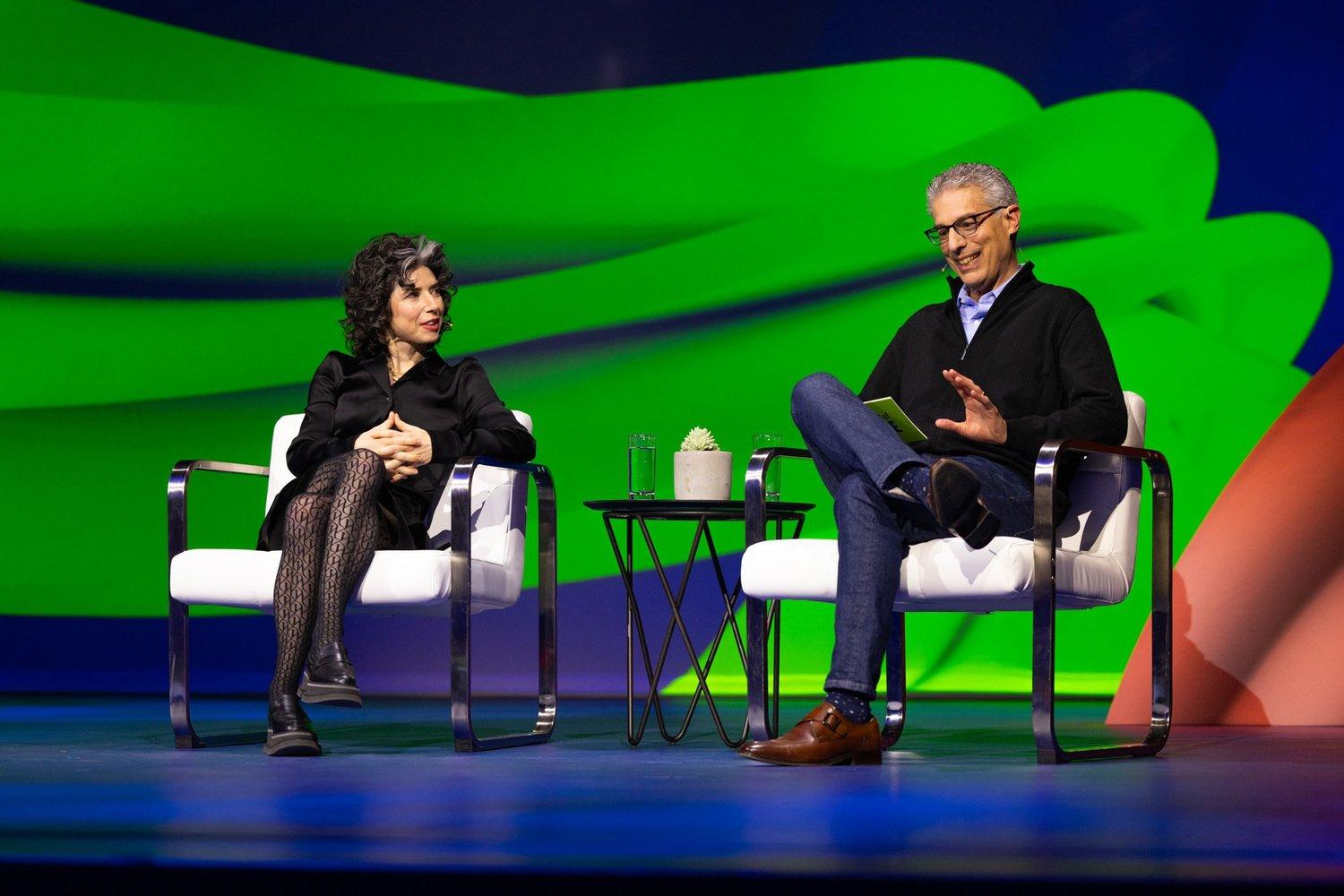 Signal president Meredith Whittaker speaking with Bob Safian at Masters of Scale Summit