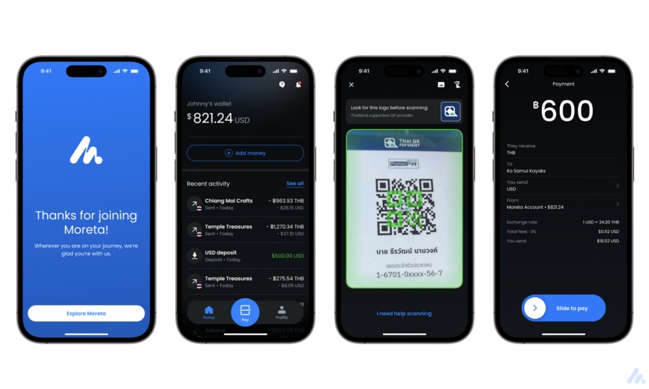 Four Moreta launch app screens showing welcome, balance, QR scanning and payment confirmation