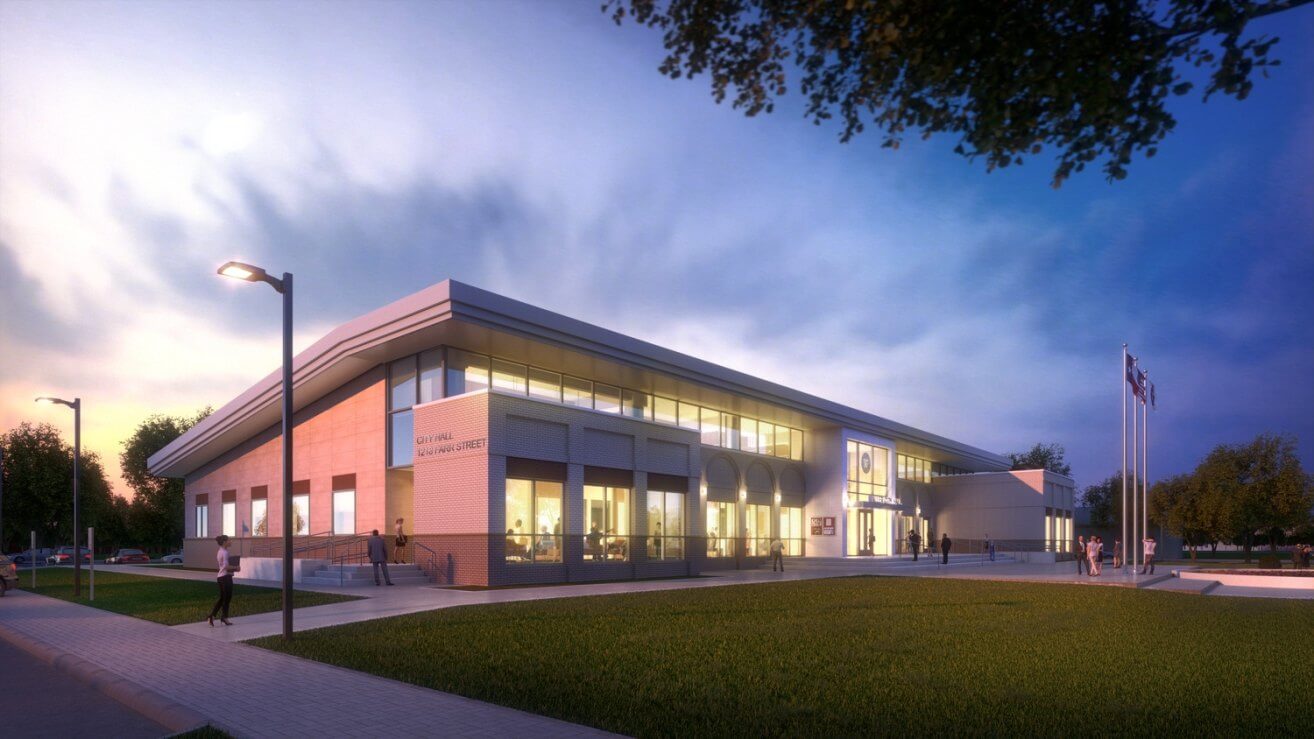Corgan architectural rendering of Waller City Hall with a glass entrance and civic plaza