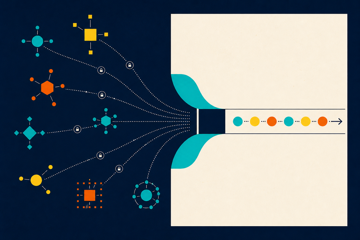 Abstract Swiss-style illustration of many secure wallet connections converging into a single payment stream