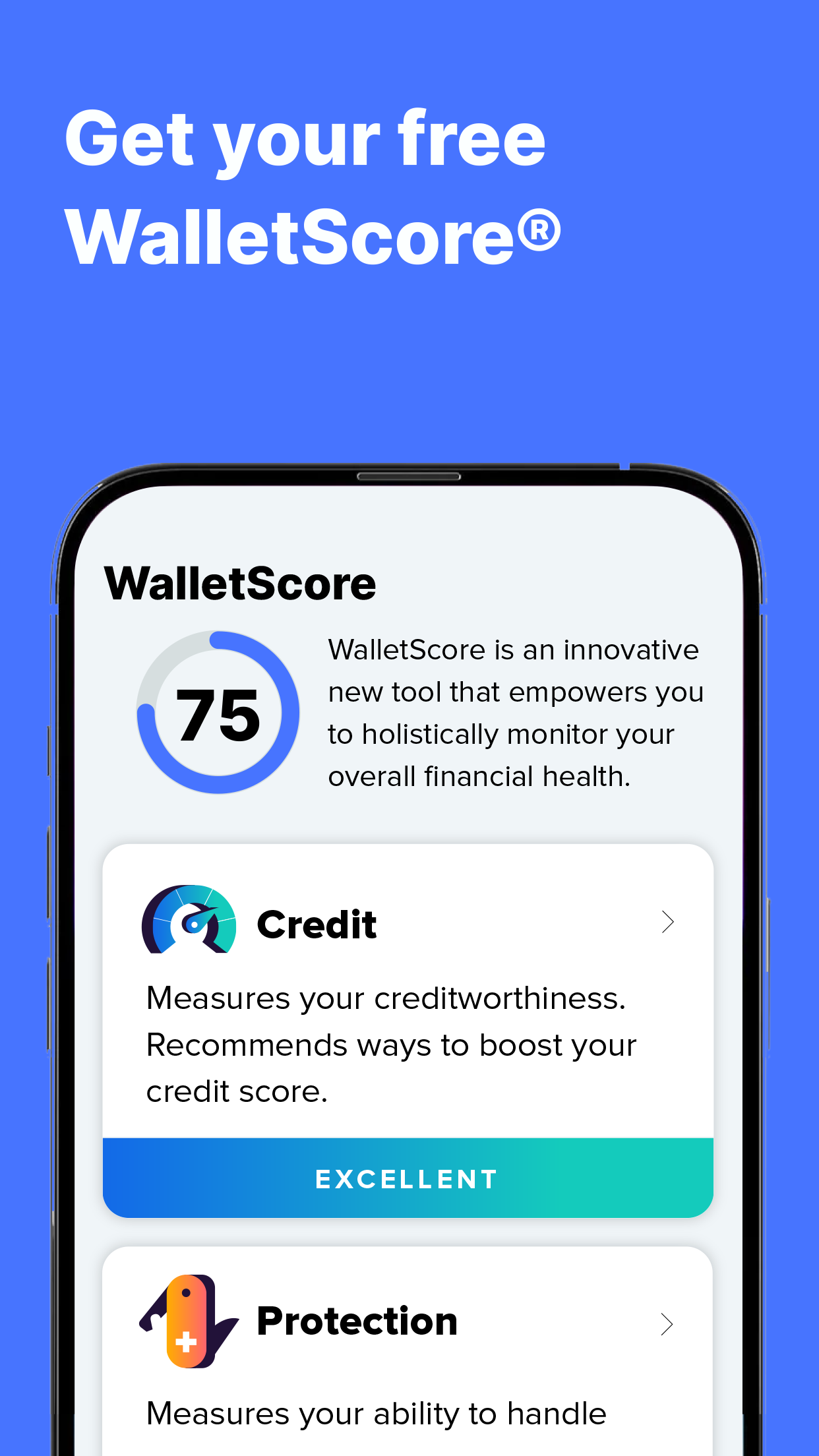 WalletHub promotional screen showing its separate WalletScore financial-health measure