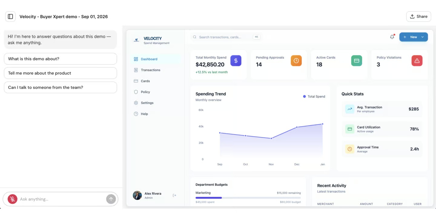 Walnut product illustration showing a spend-management demo with its Buyer Xpert question panel