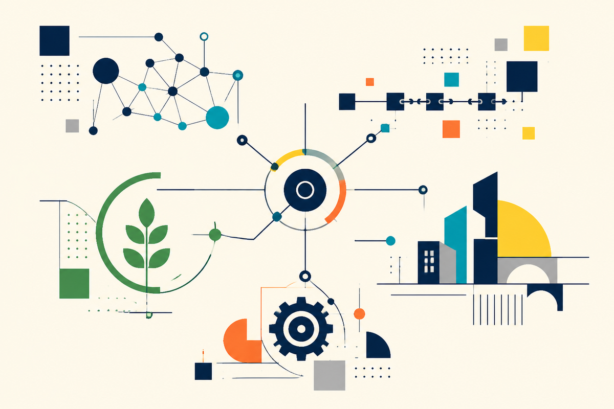 Abstract geometric illustration of technology, finance, agriculture, manufacturing and cities connected through a central system