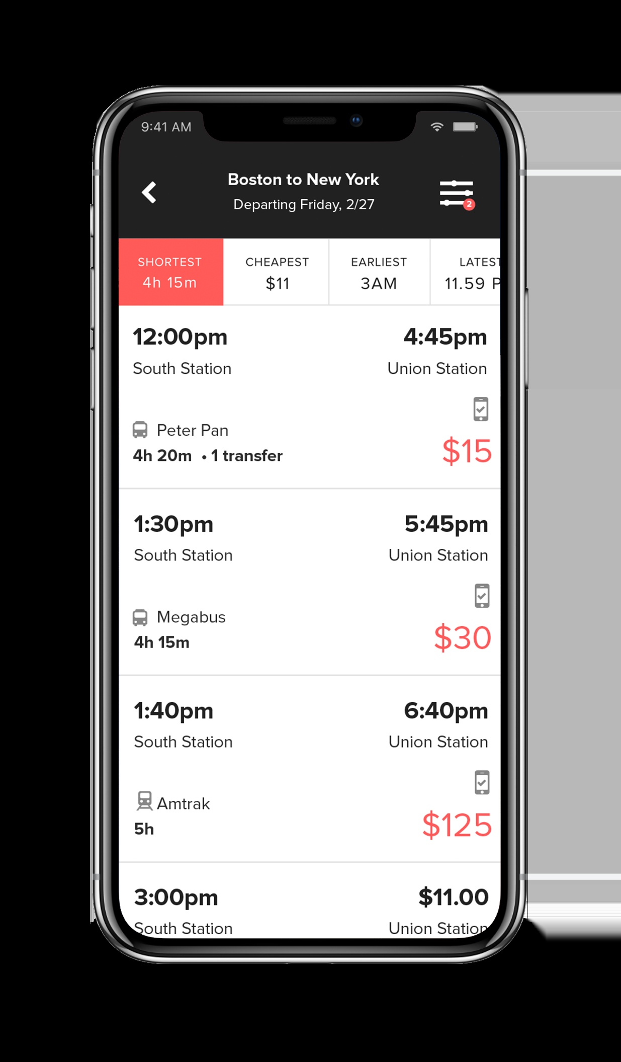 Historical Wanderu mobile app design showing ranked trip results and travel options