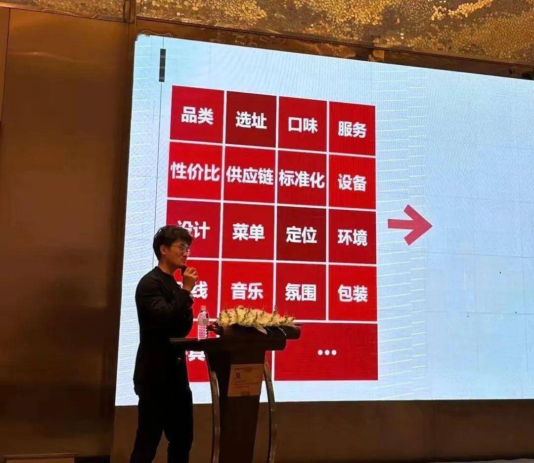 Wang Taizhou speaking at a lectern beside a slide listing restaurant operating decisions