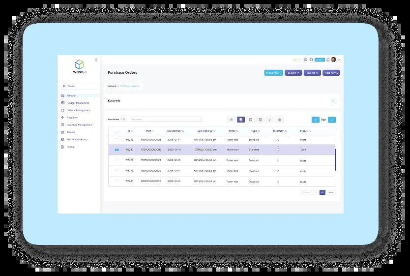 WareGo purchase-order interface with inbound records, search tools and status columns