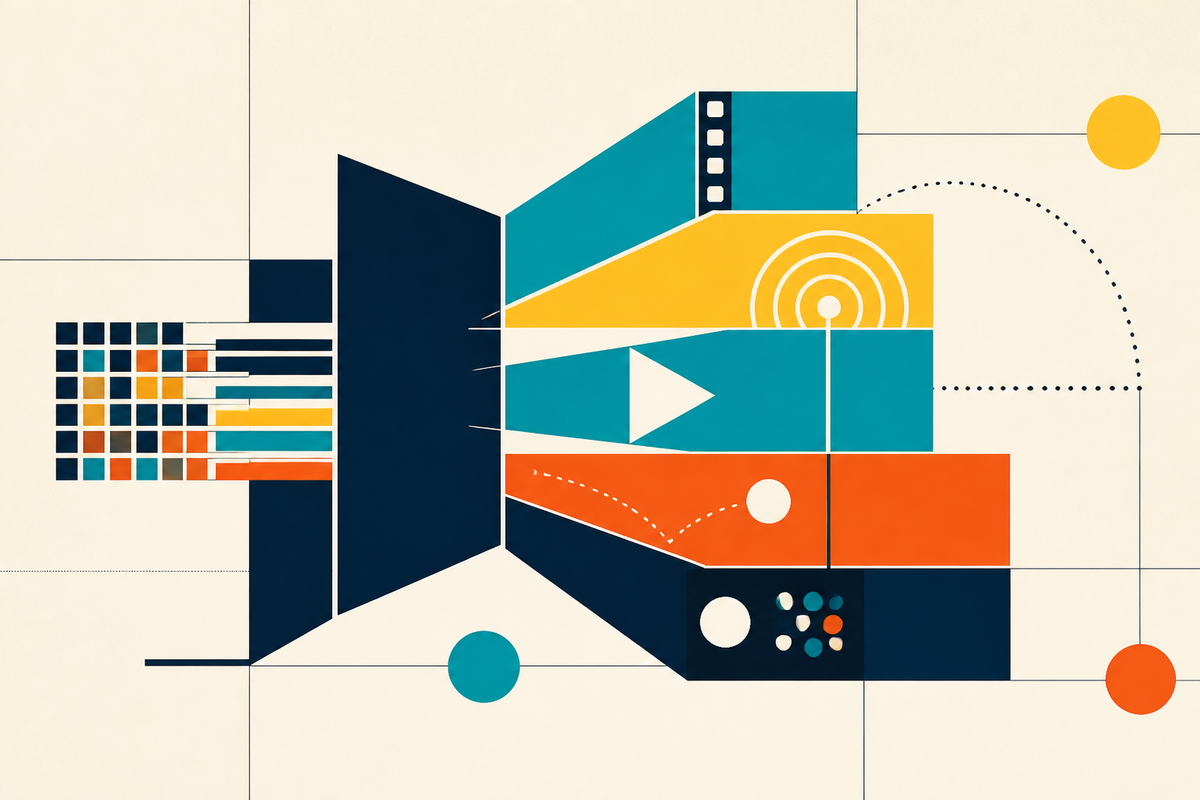Abstract Swiss-style composition of screens, film frames, signals and connected media windows