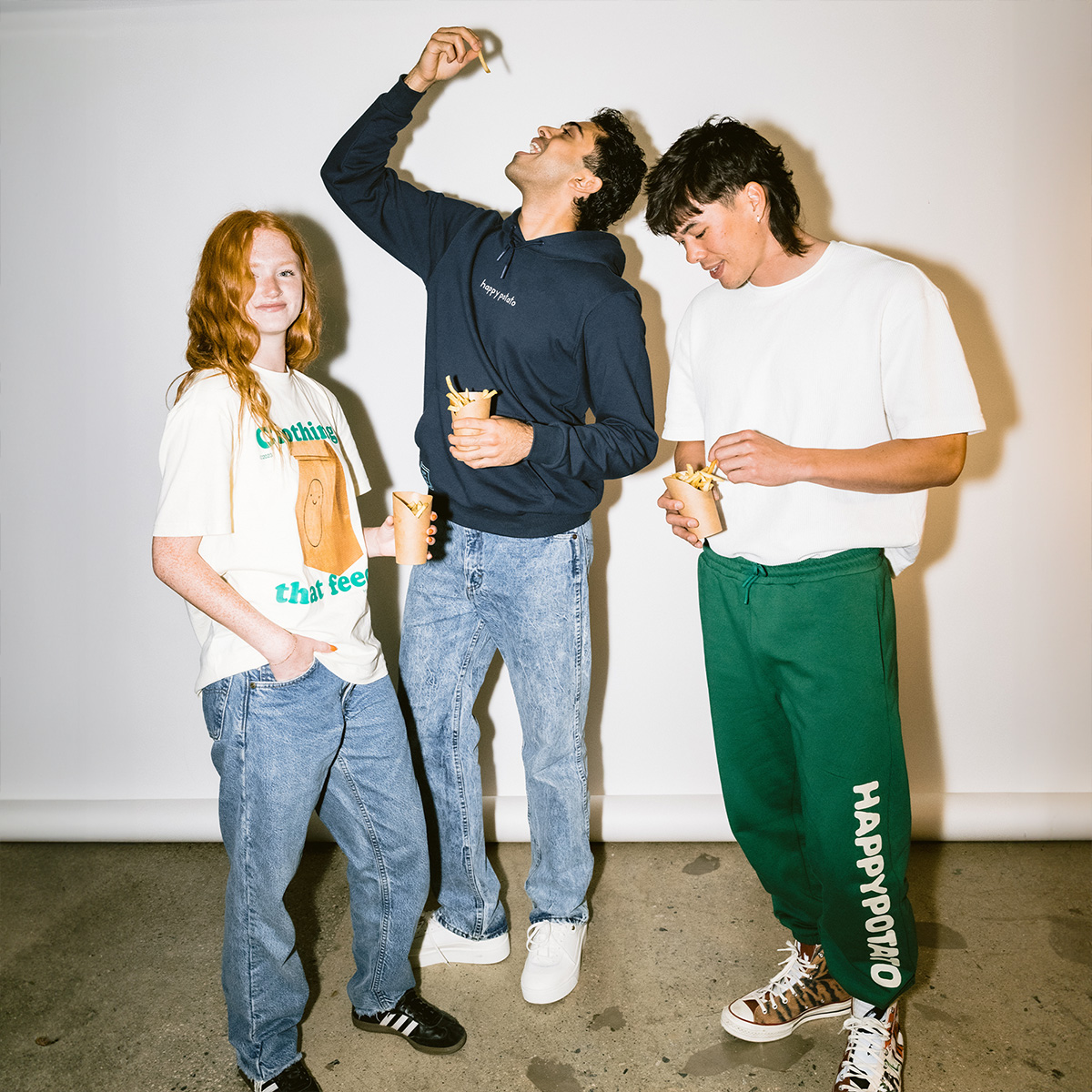 Three models wearing casual apparel in Warren James’s product-development photography