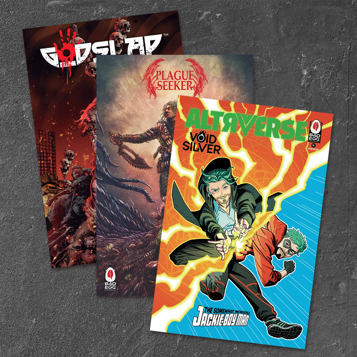 Bad Egg comic-book product montage featuring GodSlap, Plague Seeker, and Altverse
