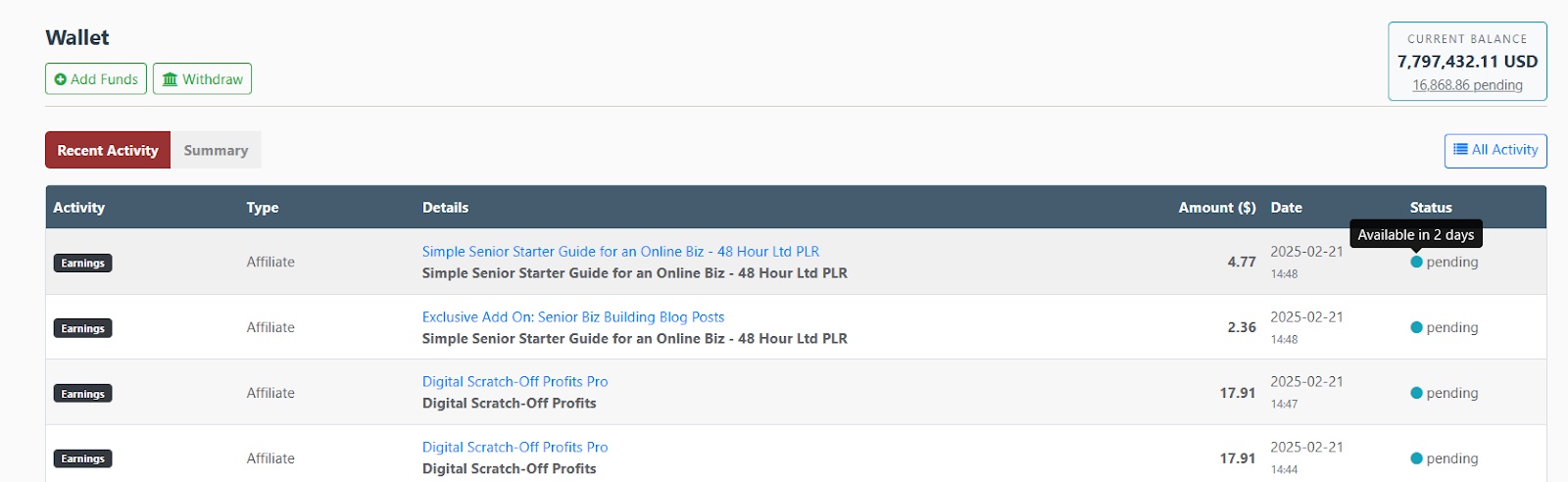 WarriorPlus help-center example showing wallet activity, pending commissions and a current balance