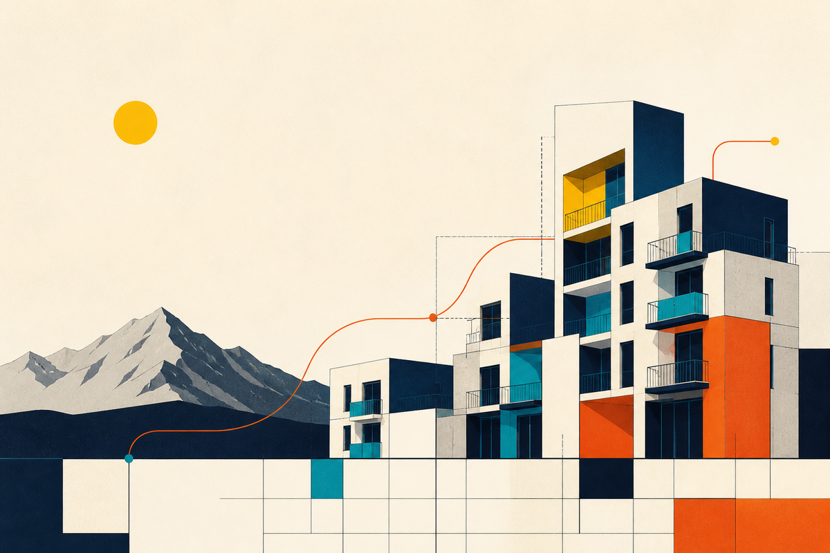 Abstract geometric apartment blocks connected by a flowing line against a Utah mountain silhouette