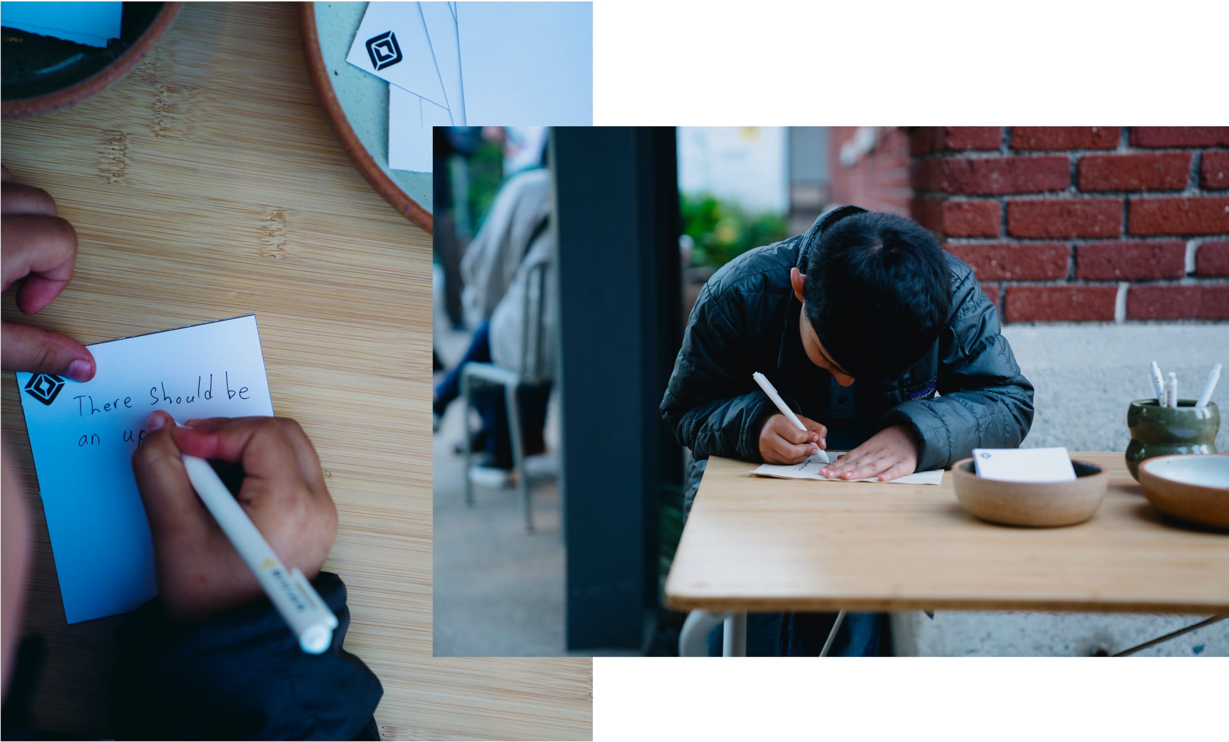 A Rivian community attendee writes a suggestion on a card at the Venice gathering.