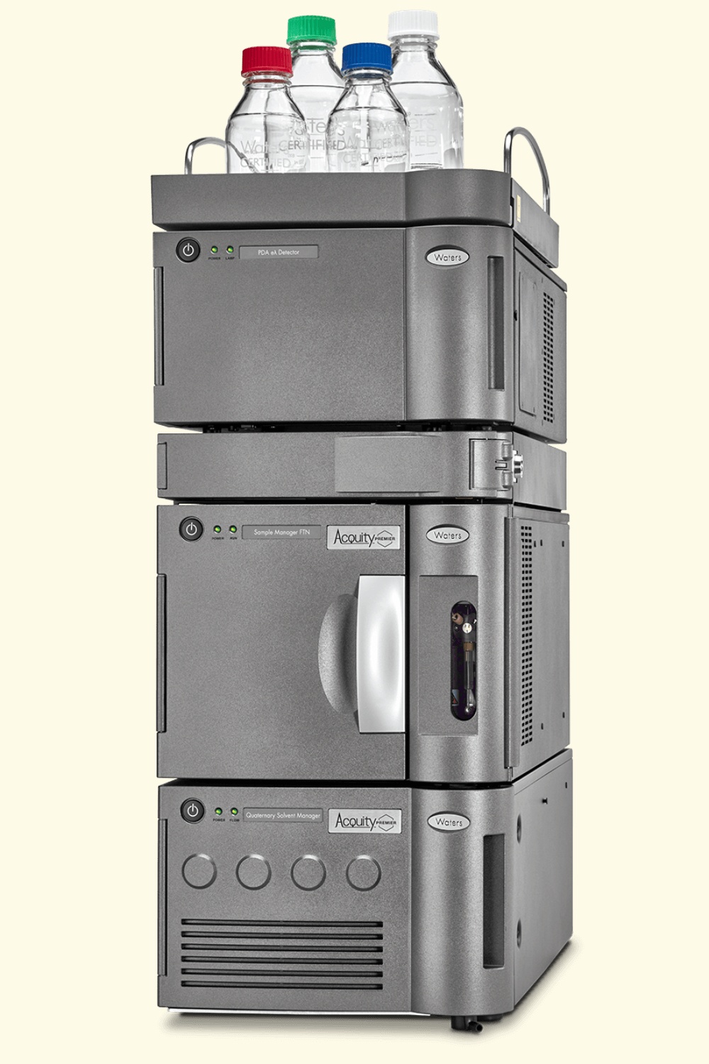 Waters ACQUITY Premier chromatography system with solvent bottles and stacked detector, sample and solvent modules
