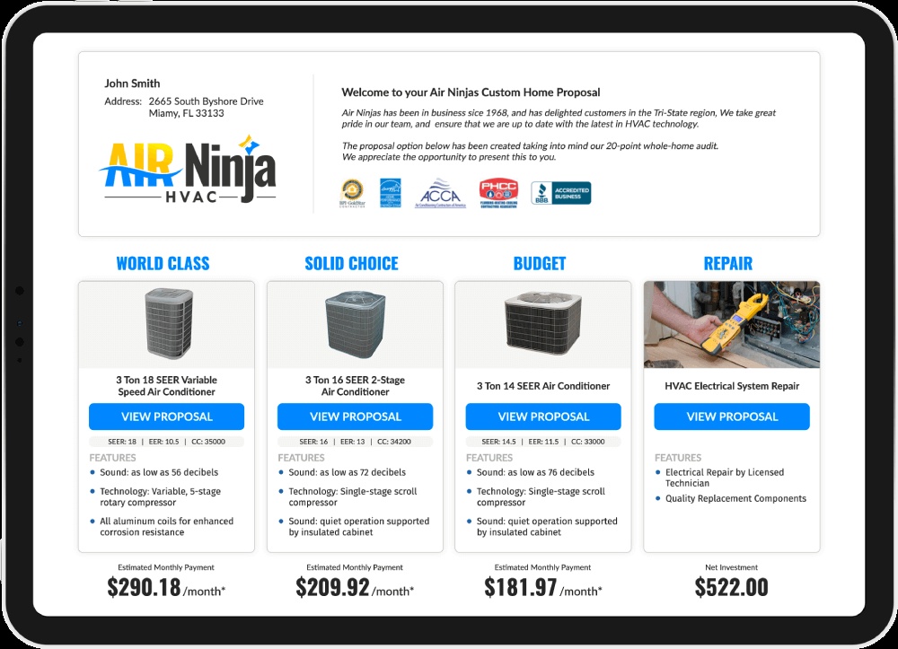 OnCall Air promotional tablet illustration comparing three air-conditioning systems with a repair option