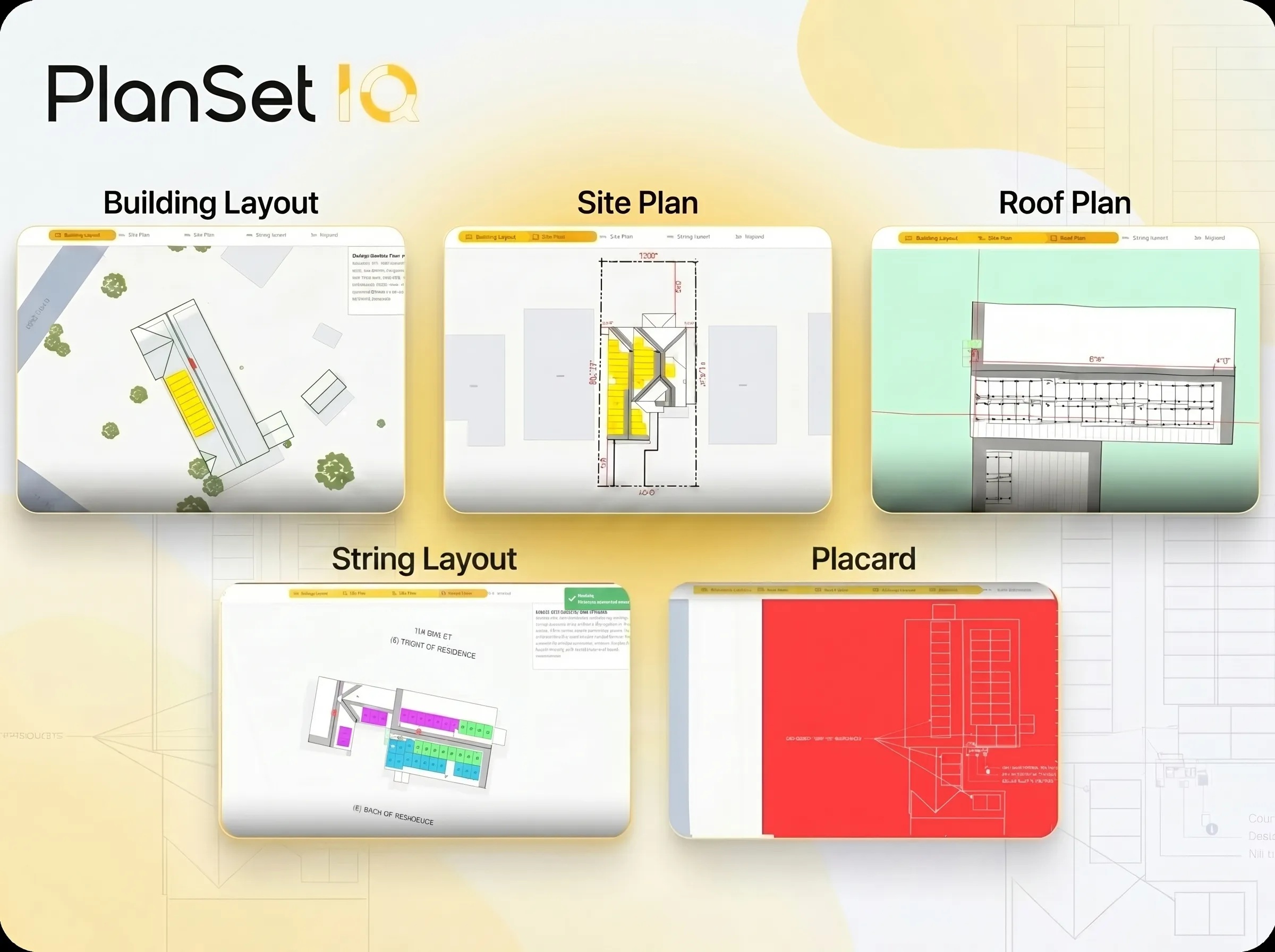 WattMonk’s PlanSetIQ product graphic showing building, site, roof, string layout, and placard views