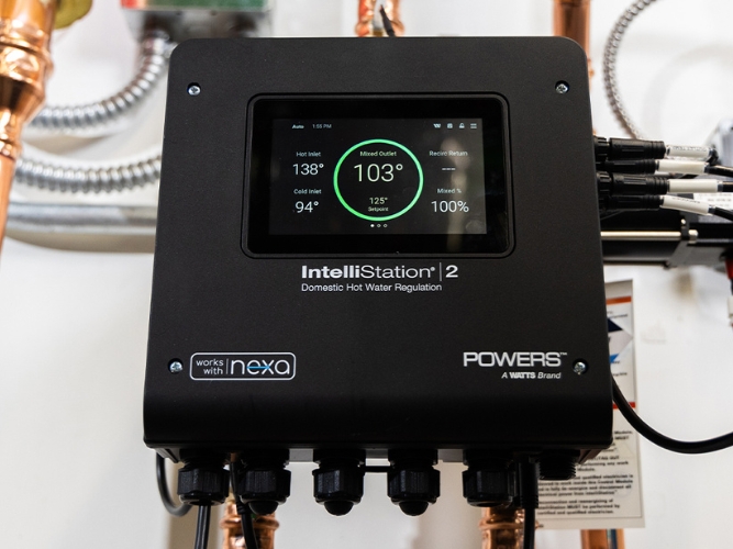Powers IntelliStation 2 digital hot water mixing control connected to plumbing and sensor wiring