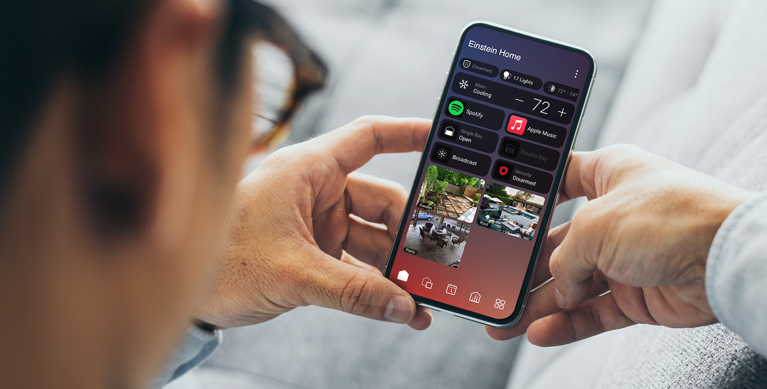Control4 home control screen on a smartphone showing rooms and scenes