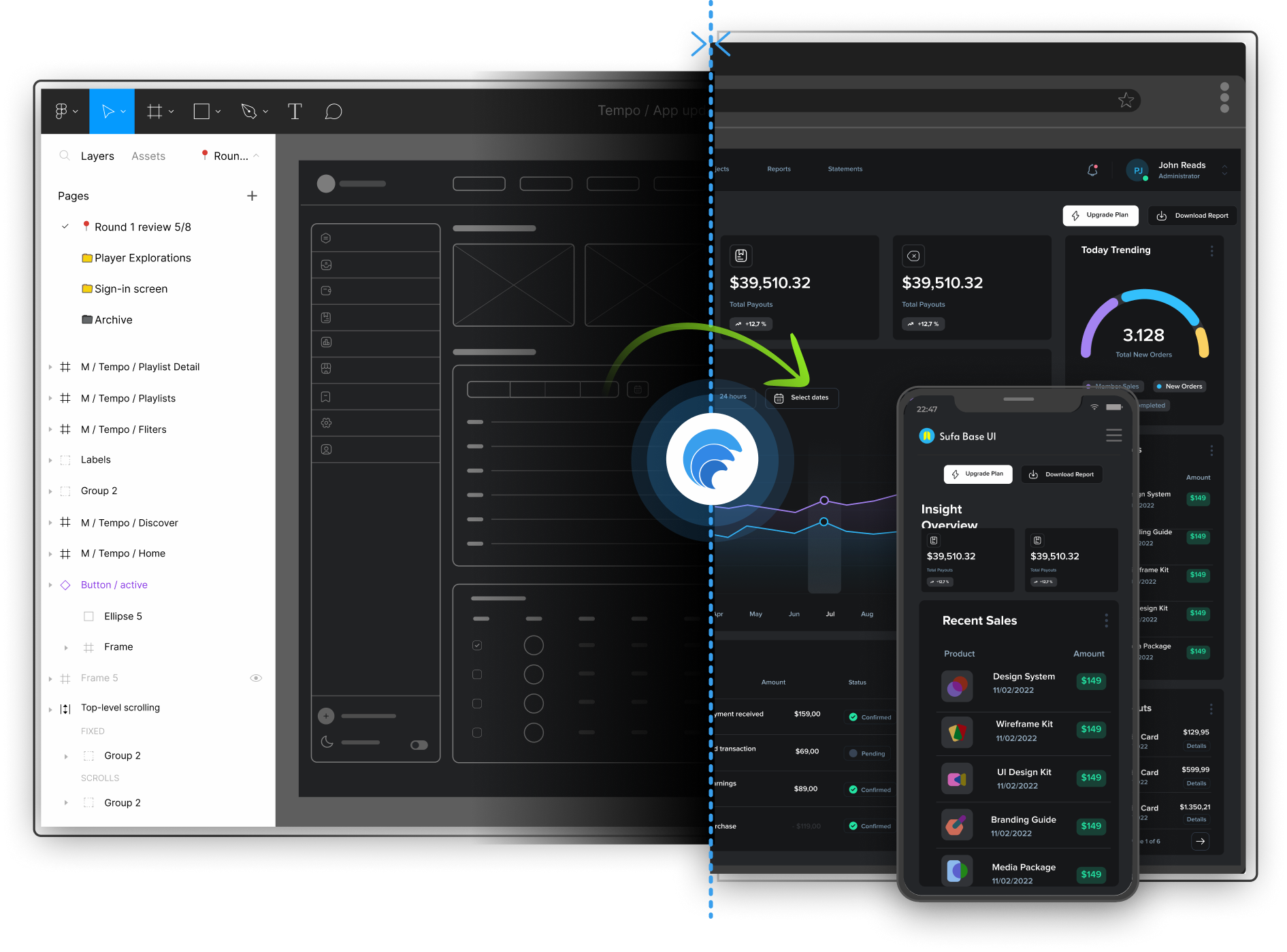 WaveMaker’s official product illustration showing a Figma design becoming desktop and mobile interfaces