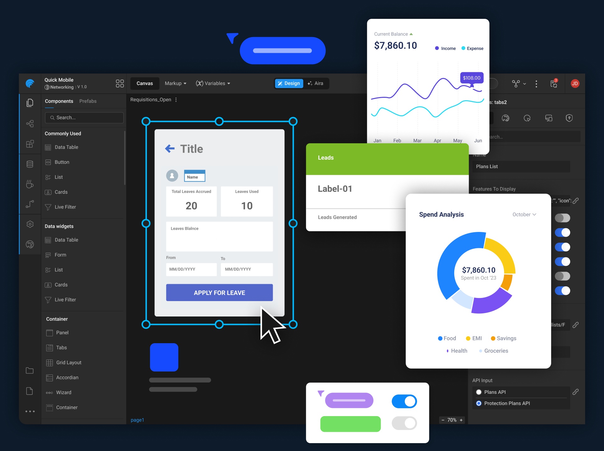 WaveMaker Studio product composite with a visual application canvas, component list, properties panel, and example dashboard cards
