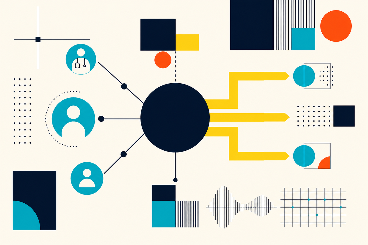 Abstract Swiss-style network connecting clinicians, patients, data and capital