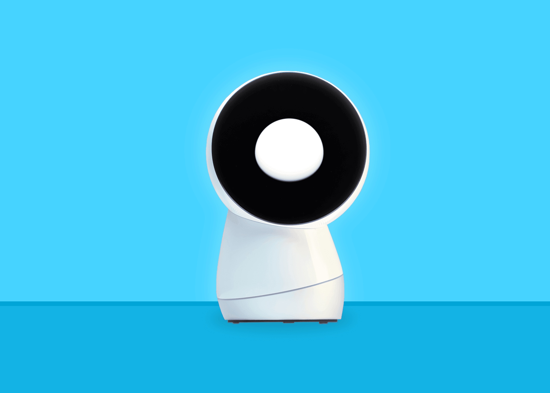 Jibo, a white tabletop robot with a circular face, against blue
