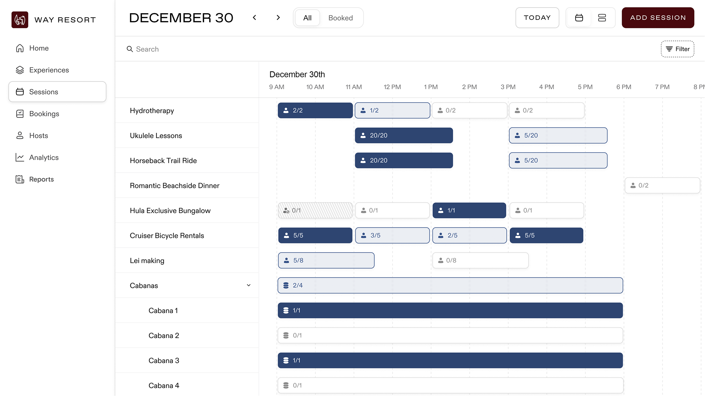 Way Reserve interface showing a branded resort resource booking page