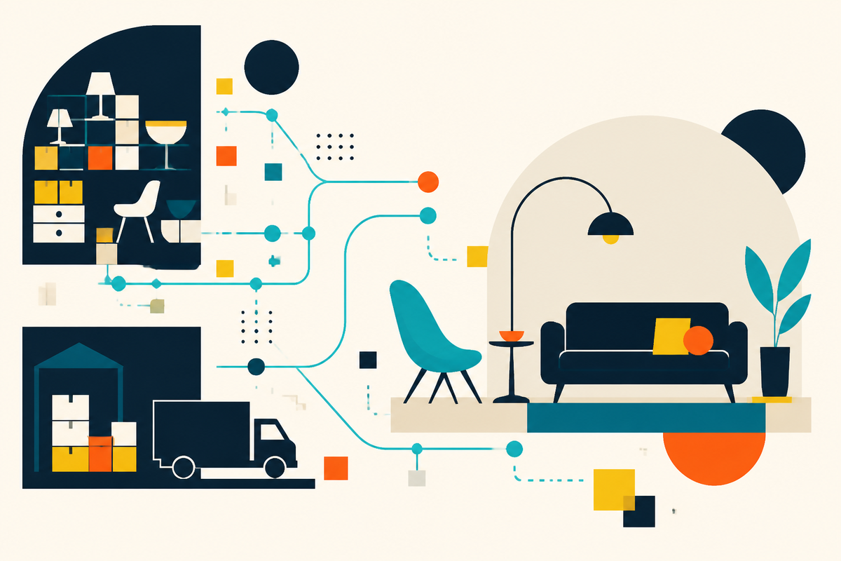 Abstract geometric illustration of furniture, parcels, a warehouse and delivery routes resolving into a finished living room