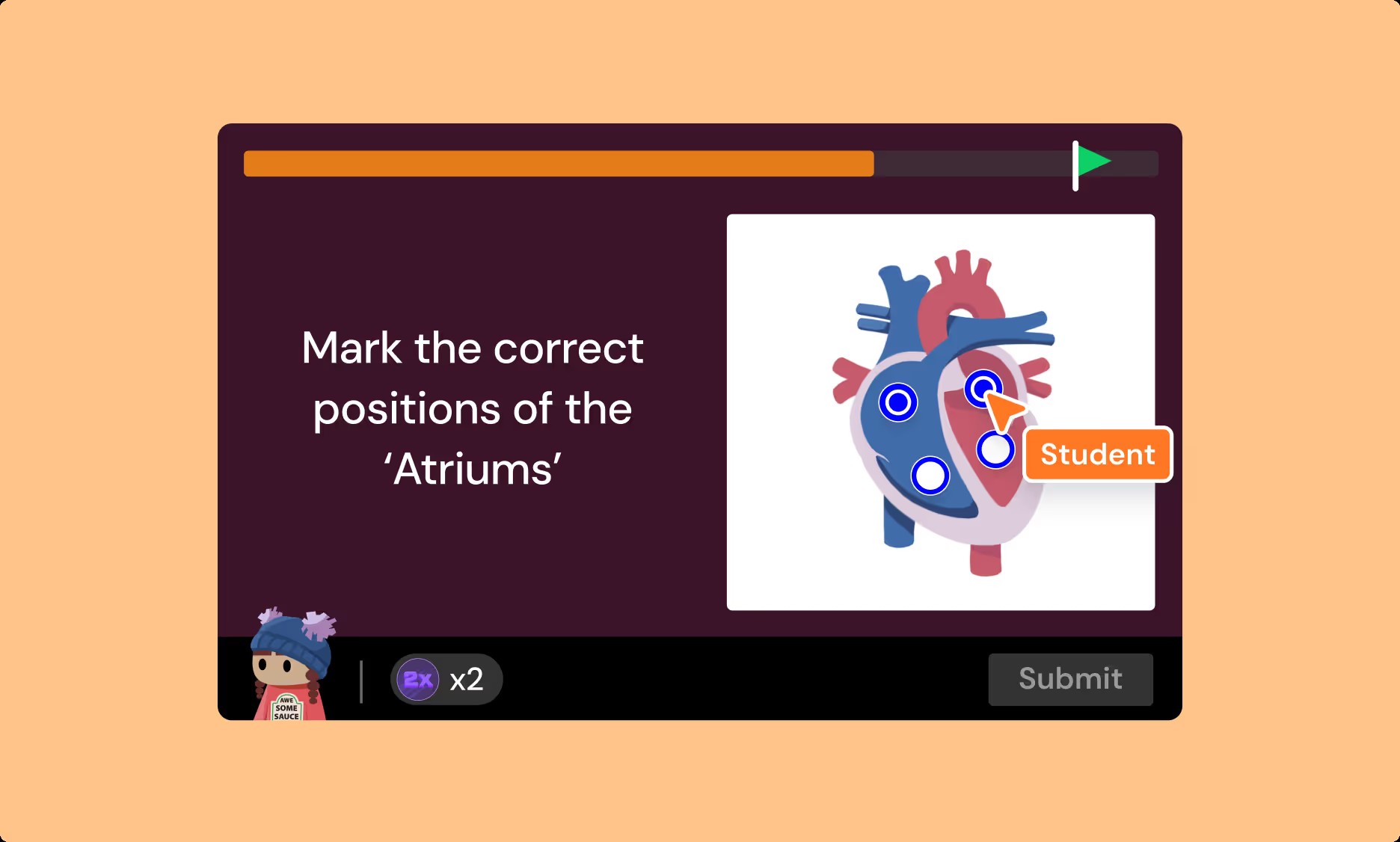 Wayground platform quiz interface showing a heart diagram question