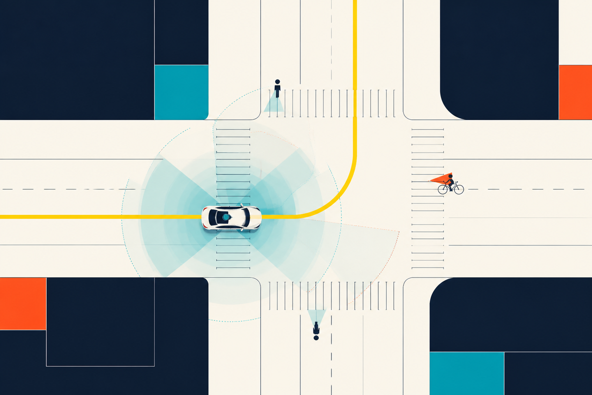 Minimal geometric illustration of an autonomous car sensing pedestrians and a cyclist at a city intersection