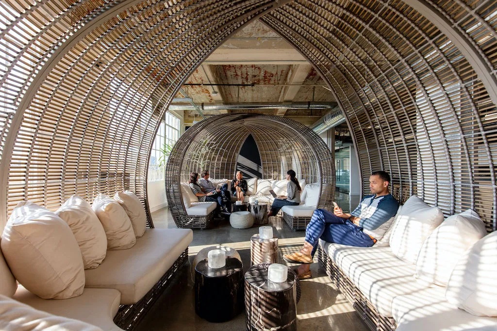 Sculptural woven lounge enclosures pictured in ROW DTLA’s WC+A tenant interview