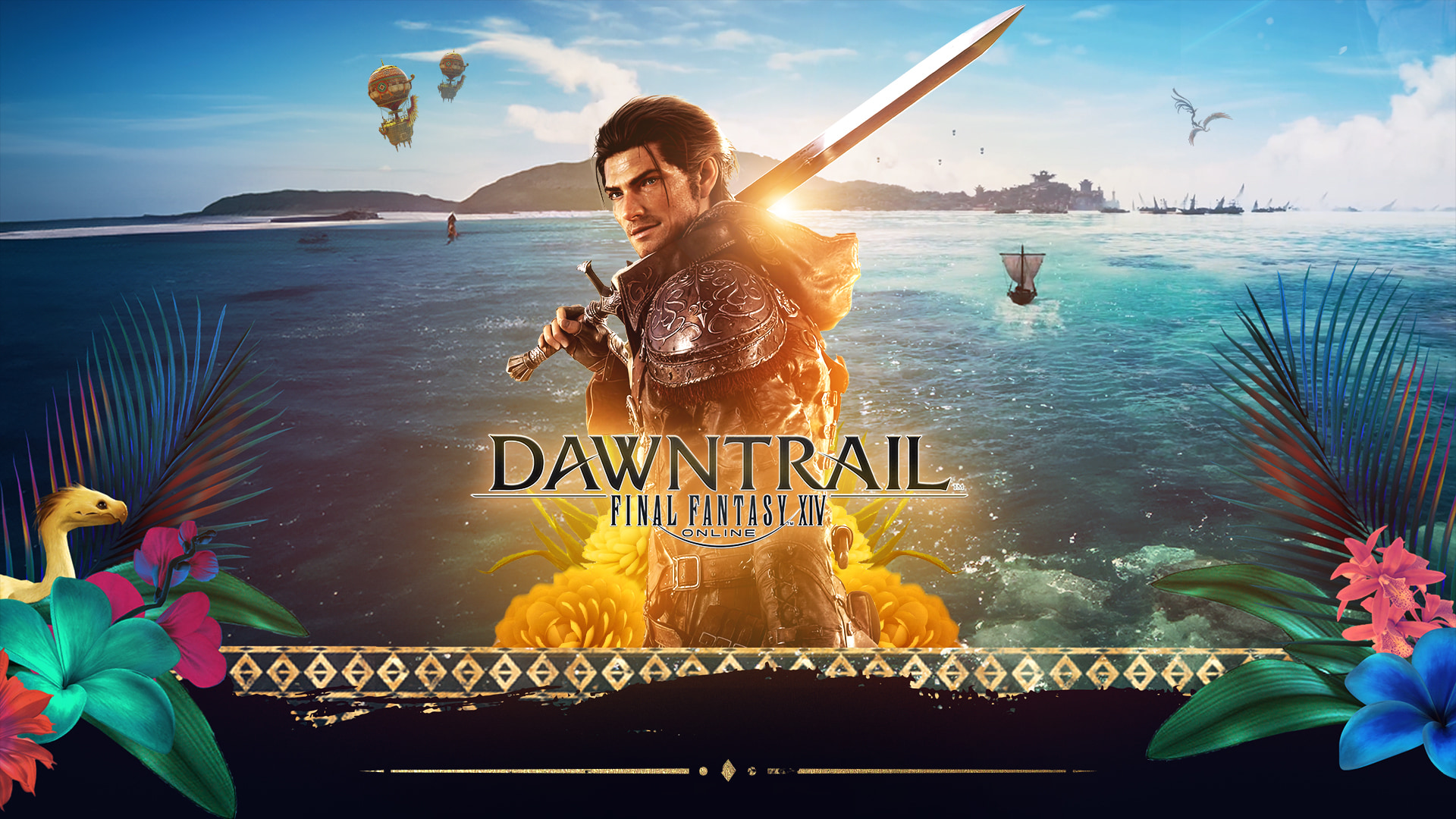 Final Fantasy XIV Dawntrail campaign artwork with a warrior and tropical coastline