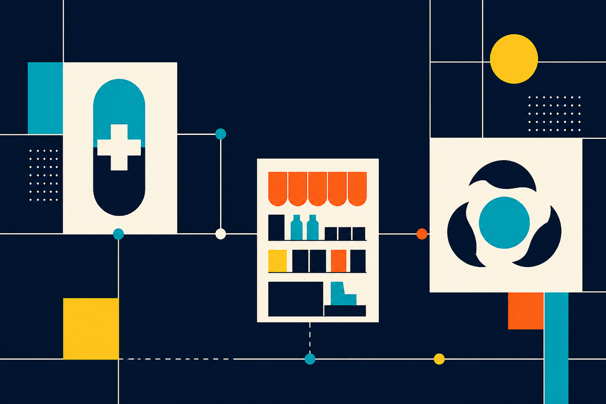 Abstract Swiss-style illustration connecting healthcare, retail and clean technology