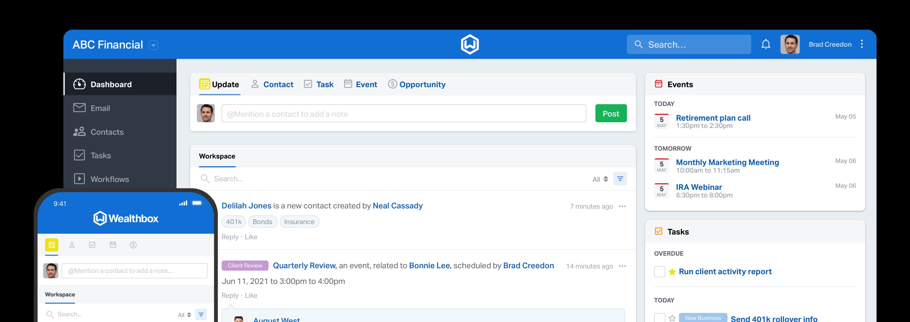 Wealthbox CRM shown across desktop and mobile screens